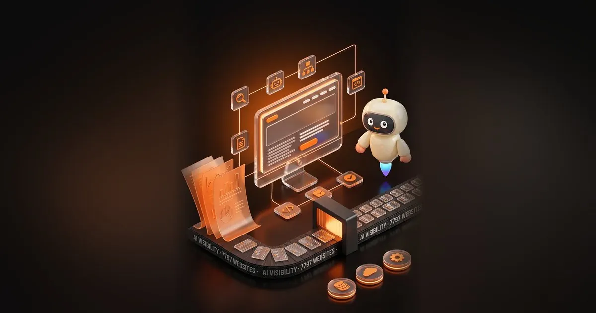 Izometrická 3D ilustrace: průhledný monitor s webem, robot s tryskou a dopravník, na kterém se zpracovává 7 797 webů